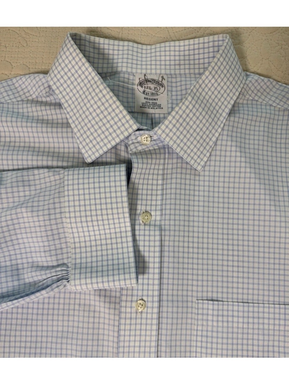 Brooks Brothers Regent Fit Supima Cotton Blue White Check Shirt Mens 17.5 35